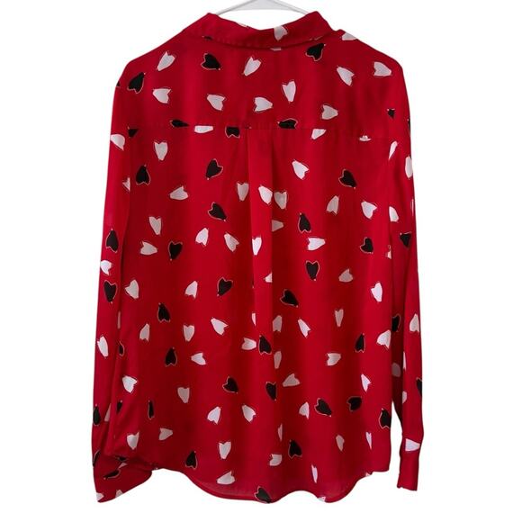Liz Claiborne Large Red Black White Heart Print Semi-Sheer Button Front Blouse - Picture 3 of 3